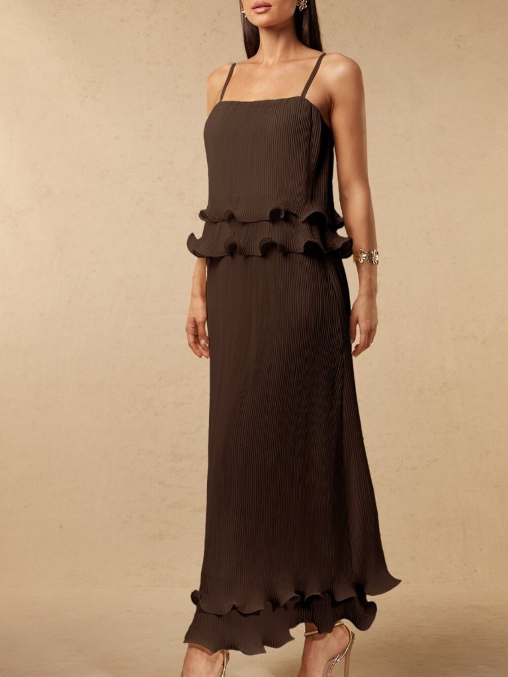 Coffee Brown Elegant Women's Pleated Multi-Layer Hem Cami Dress - Picture 4 of 7